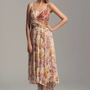 Anthropologie Ruched Square-Neck Floral Midi Dress